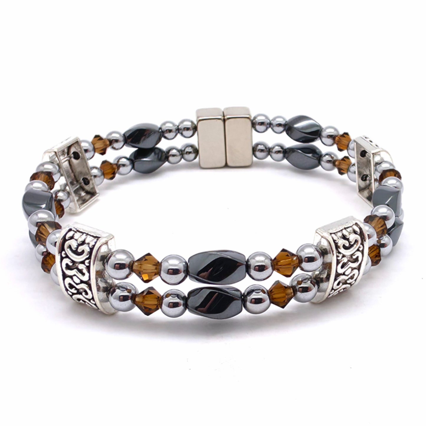 Black Hematite Twist Double w Smokey Topaz