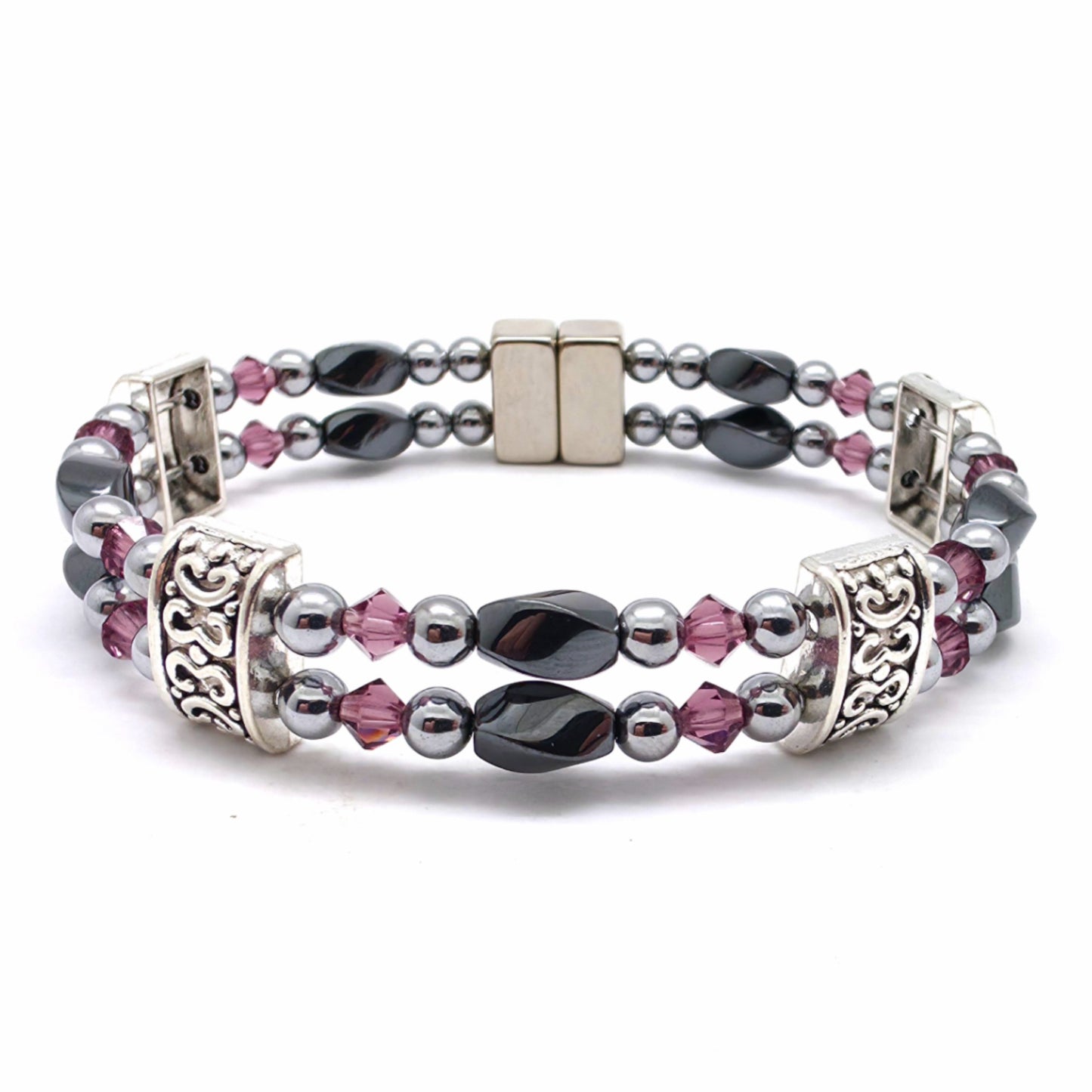 Black Hematite Twist Double w Amethyst