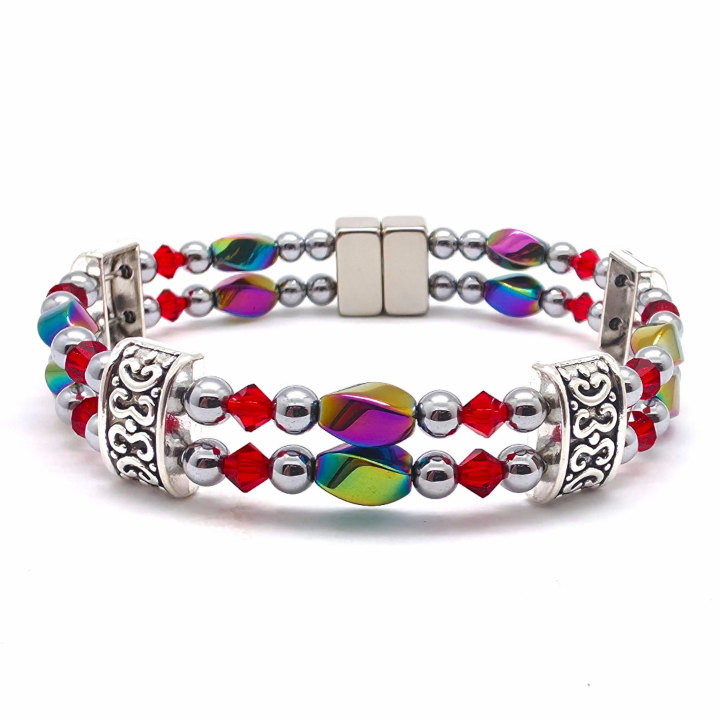 Rainbow Hematite Twist Double w Light Siam
