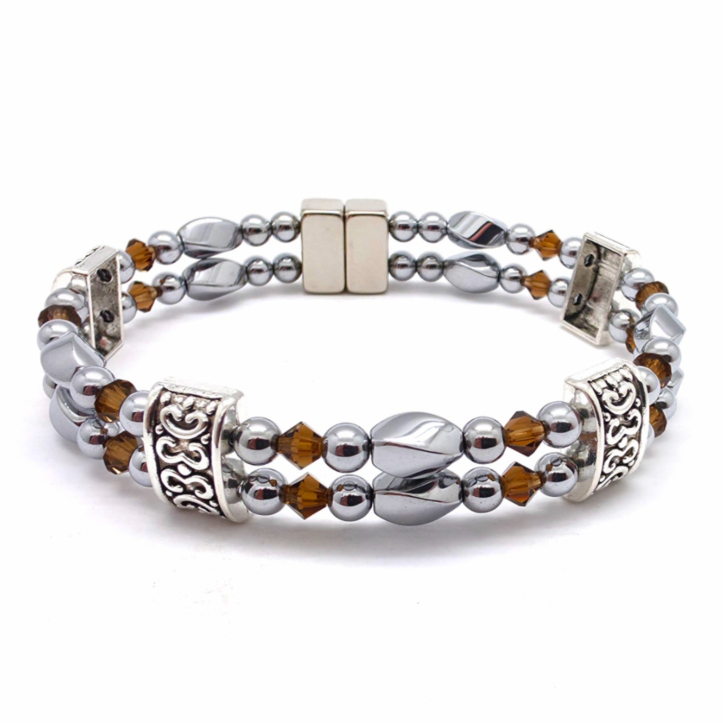Silver Hematite Twist Double w Smokey Topaz