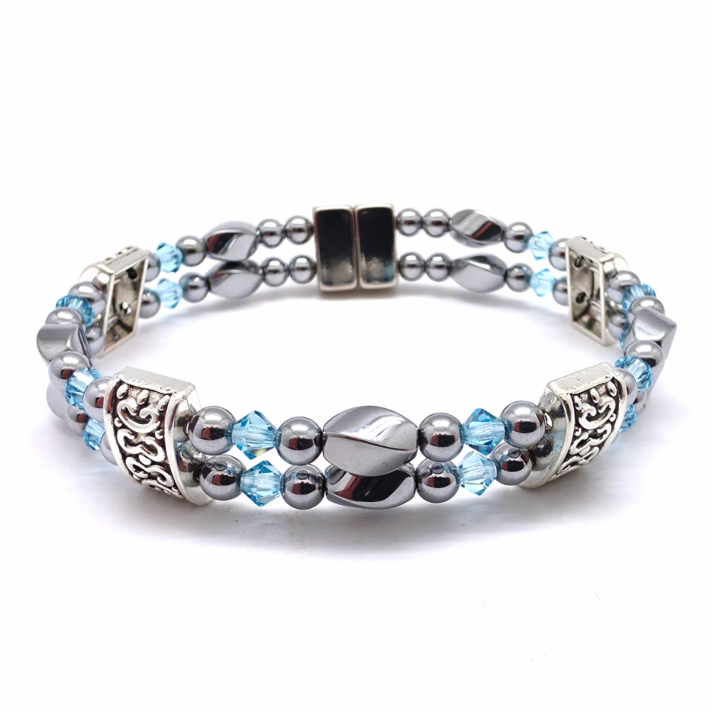 Silver Hematite Twist Double w Aquamarine