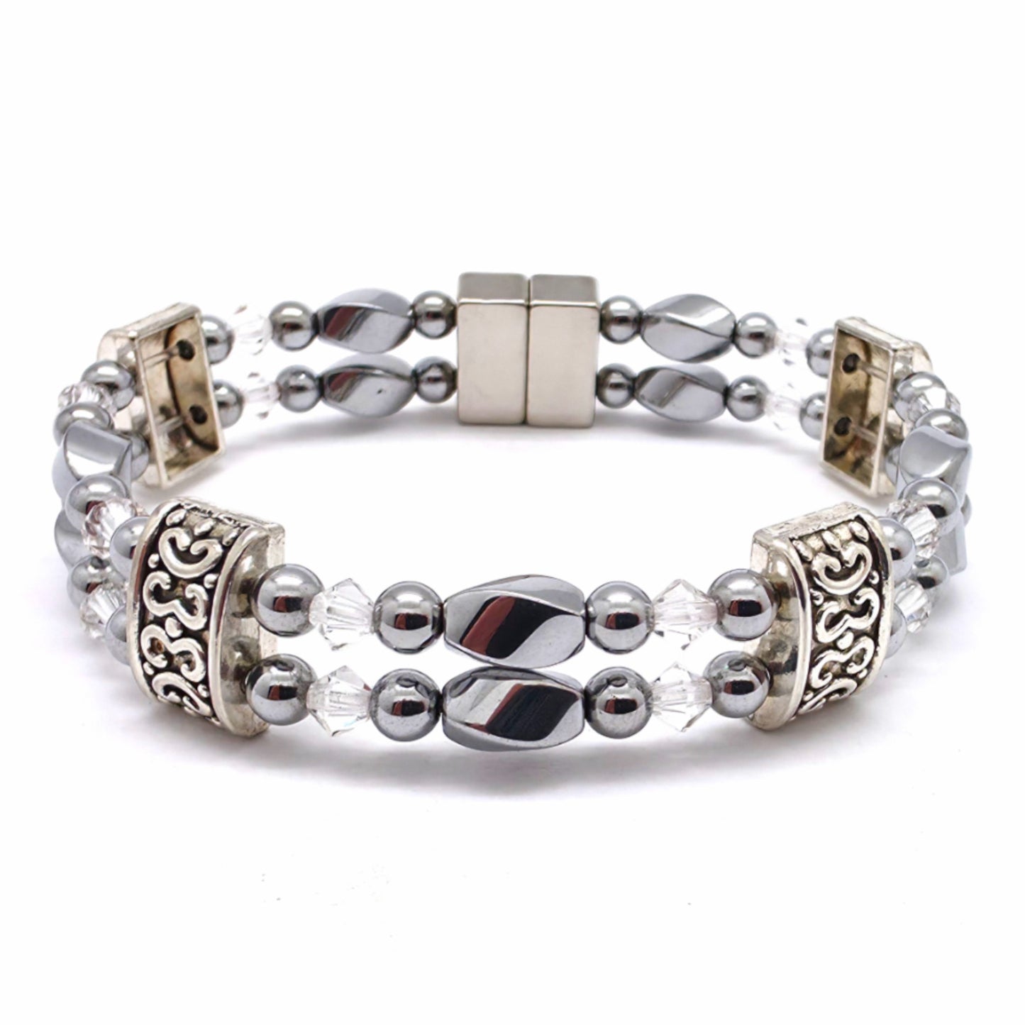 Silver Hematite Twist Double w Clear Crystals