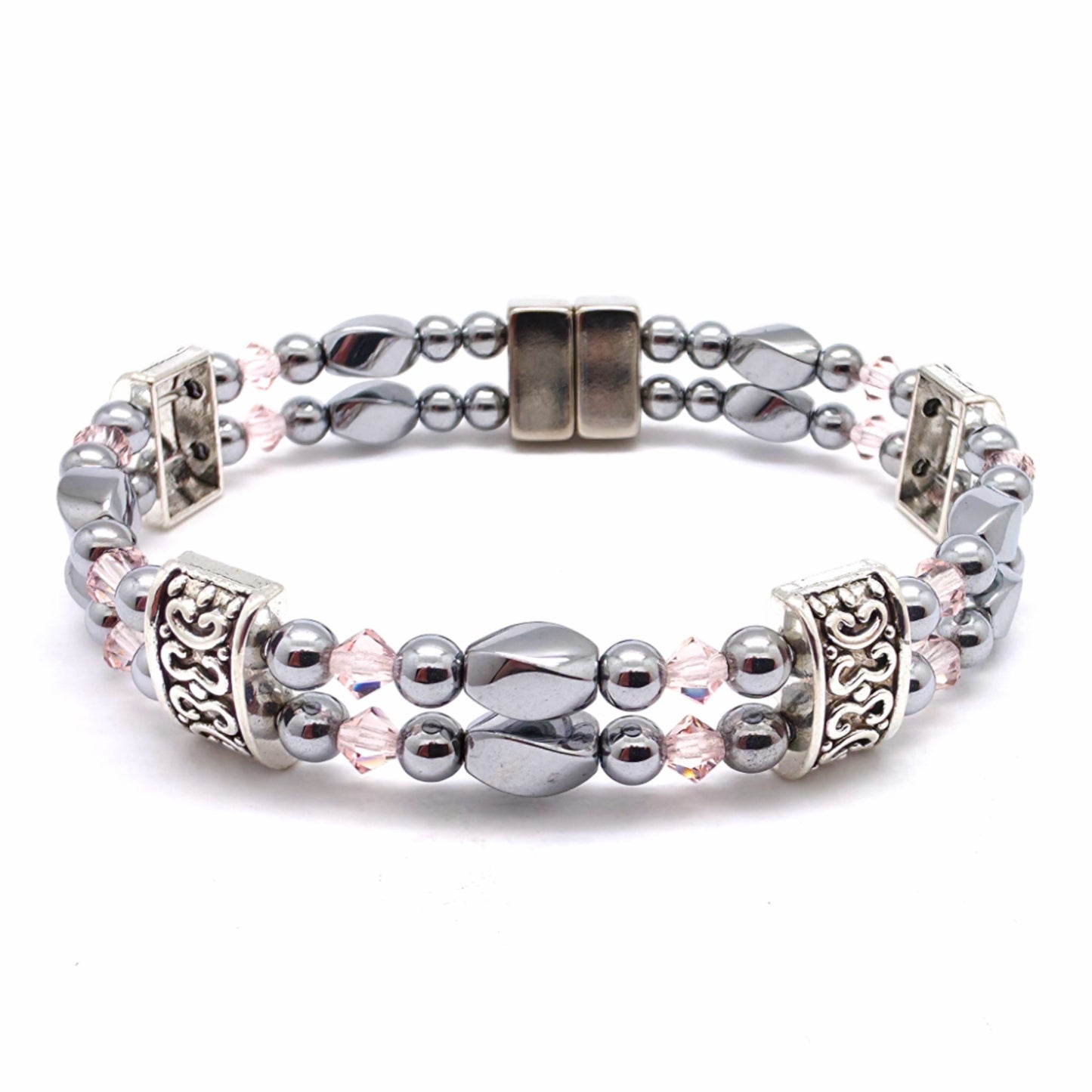 Silver Hematite Twist Double w Light Rose
