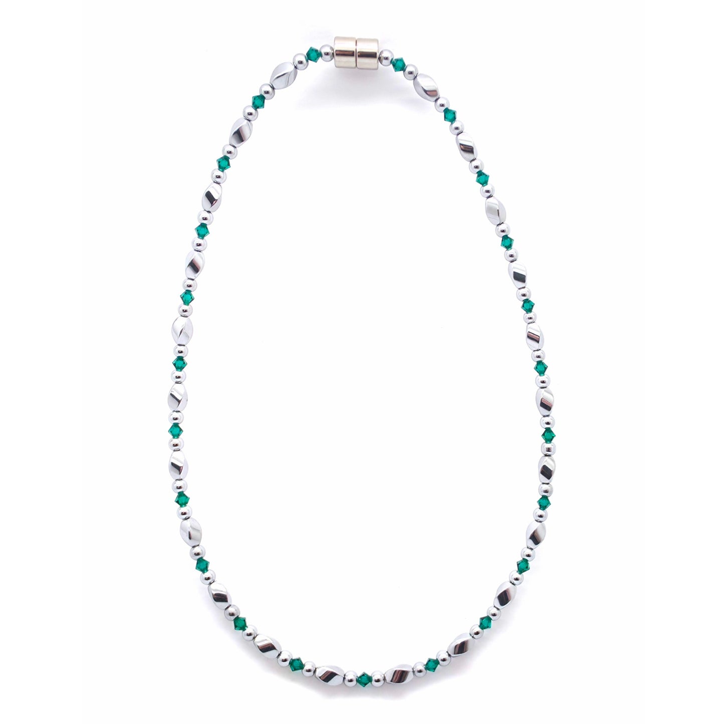 Silver Hematite Twist w Emerald Necklace