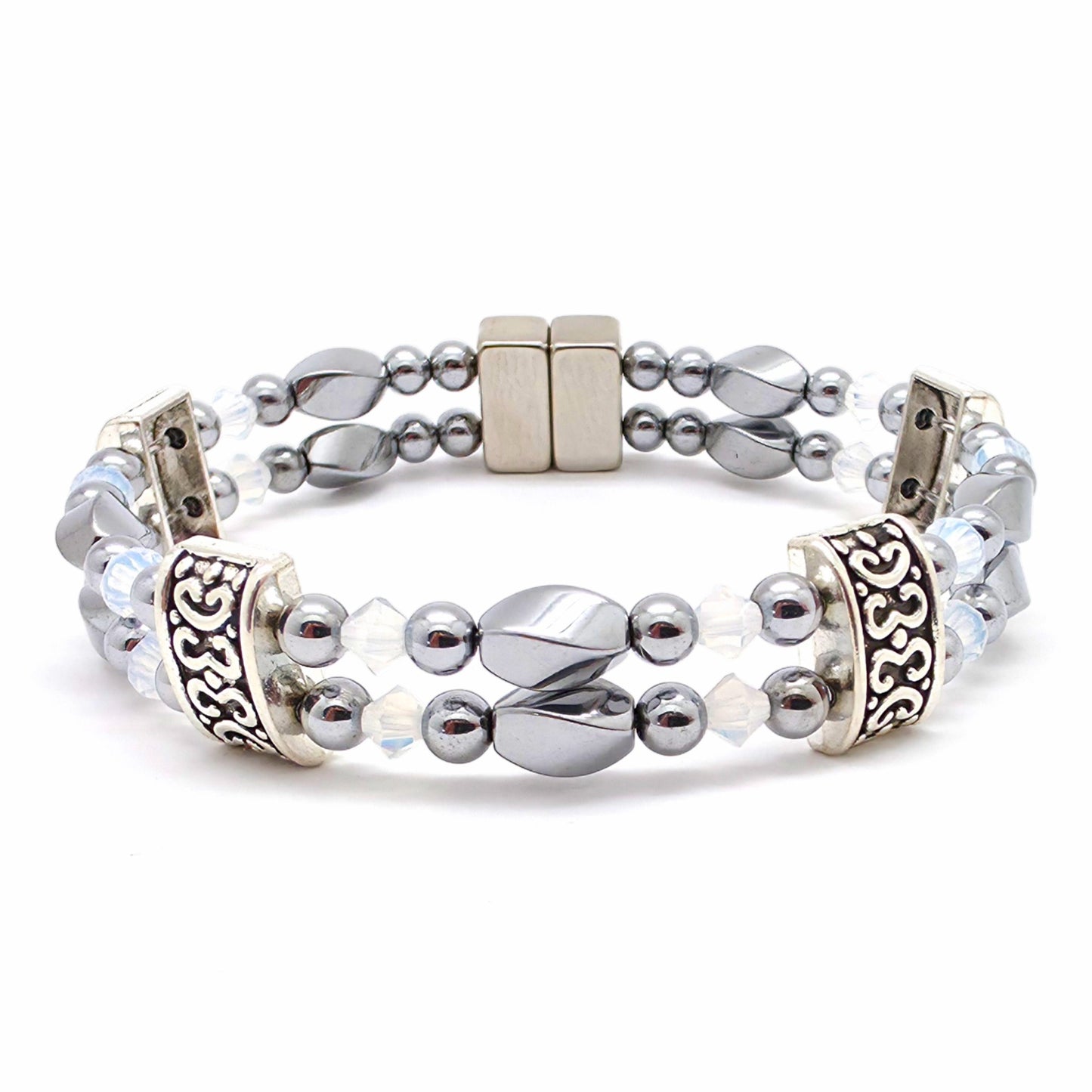 Silver Hematite Twist Double w Opal