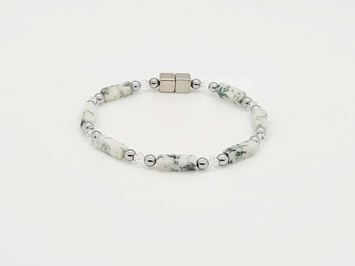 White Tree Agate Rectangle w Crystal Necklace