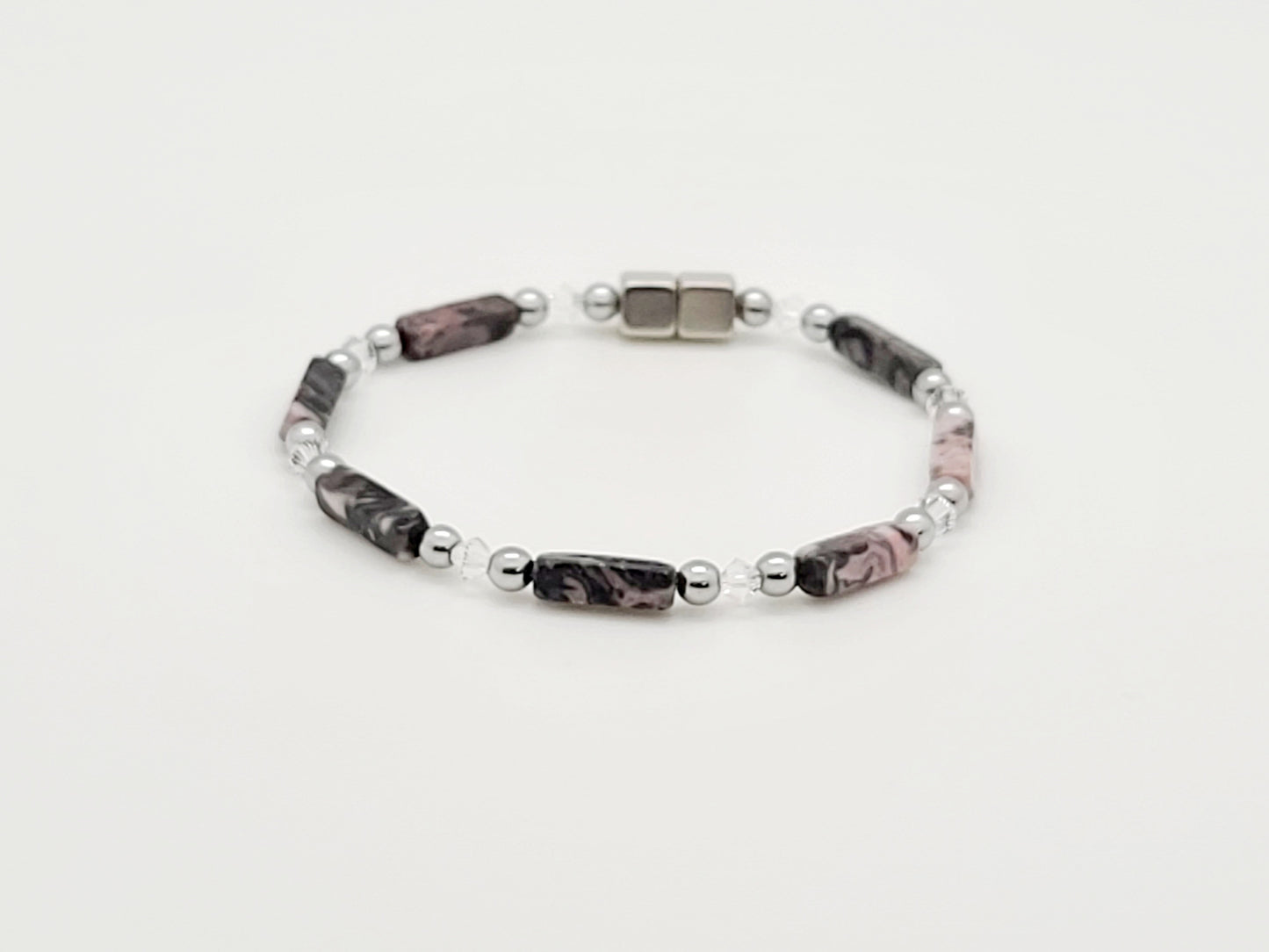 Pink Striped Agate Rectangle w Crystal Necklace