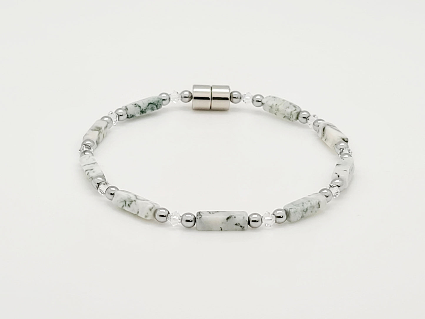 Green Tree Agate Rectangle w Crystal Necklace