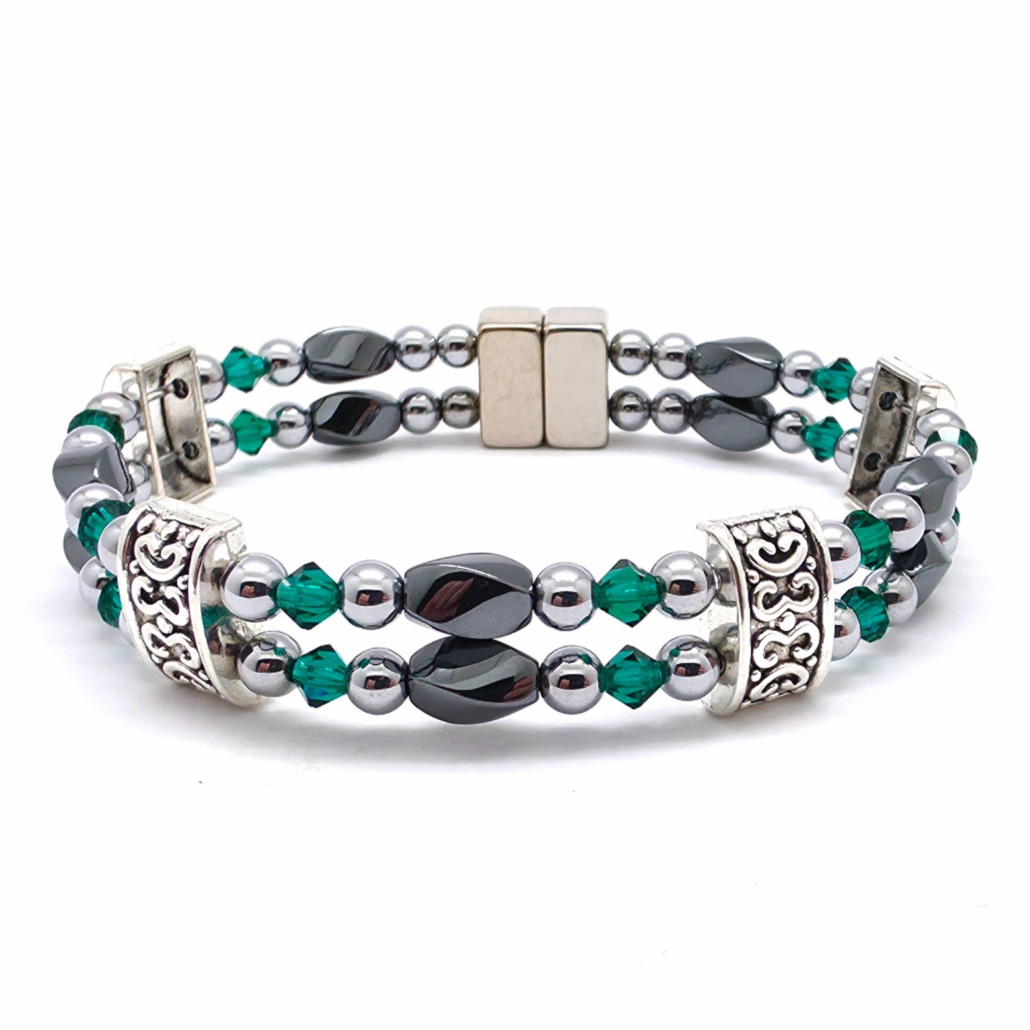 Black Hematite Twist Double w Emerald