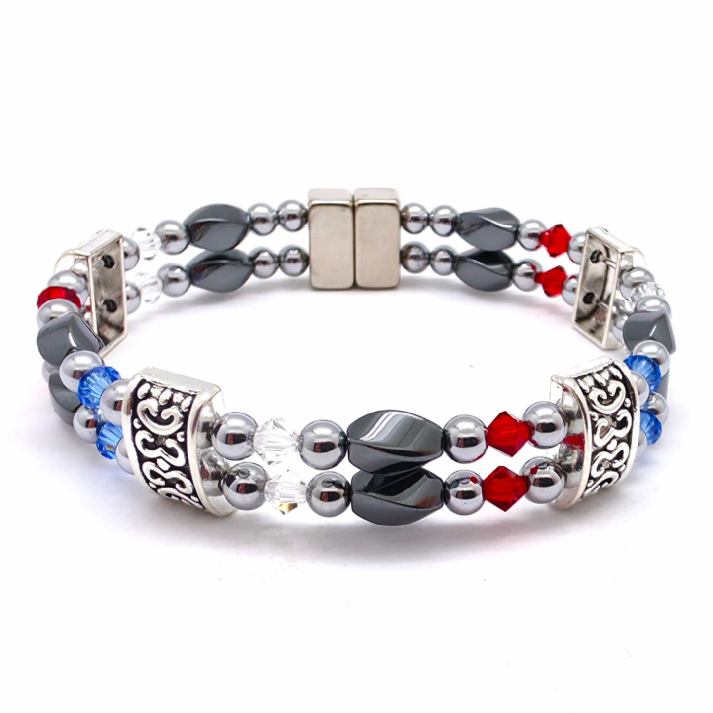 Black Hematite Twist Double w Patriotic Crystals