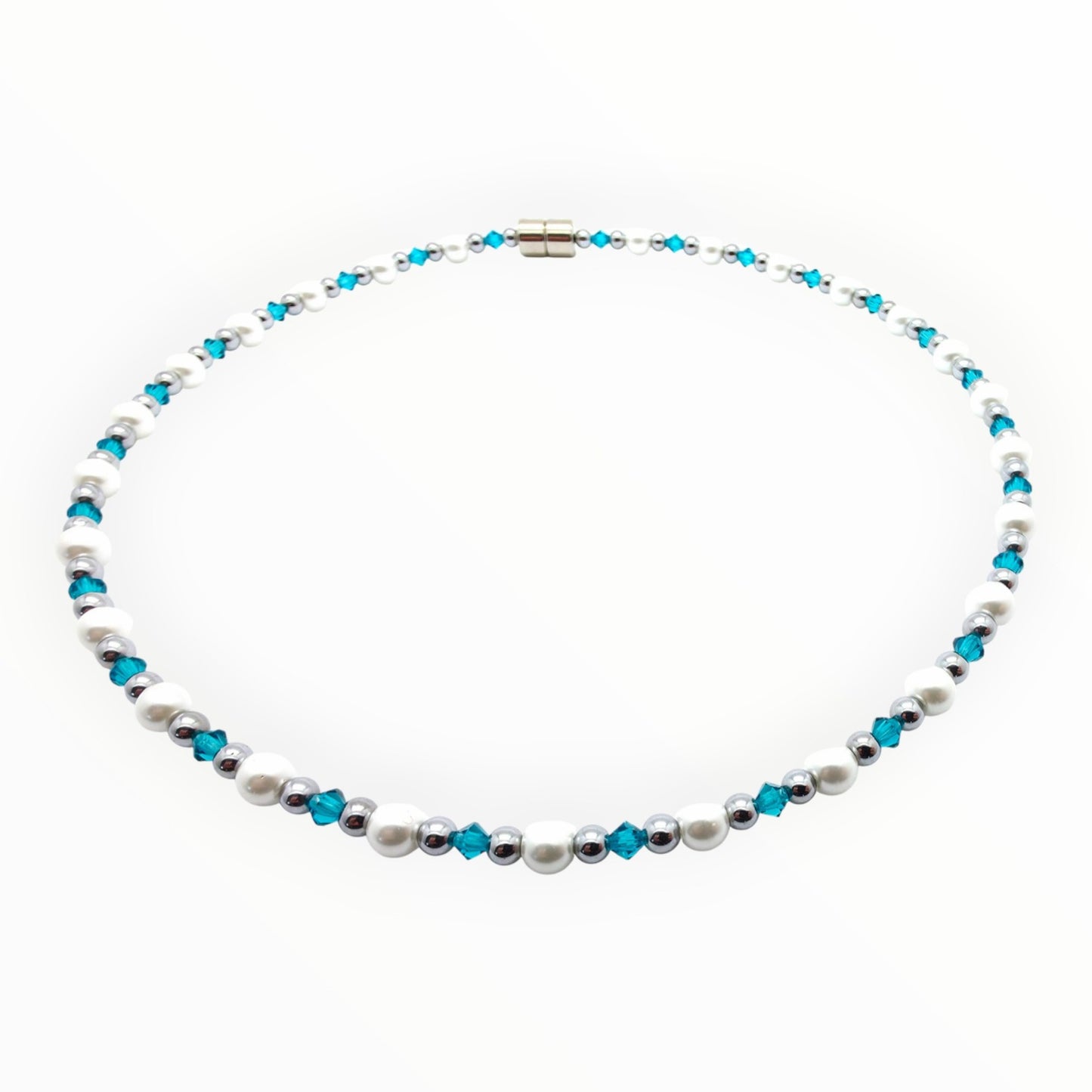White Pearl w Blue Zircon Necklace