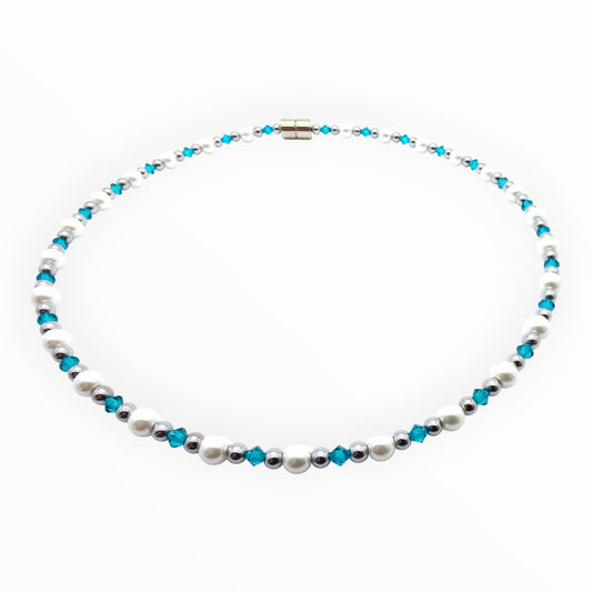 White Pearl w Blue Zircon Necklace