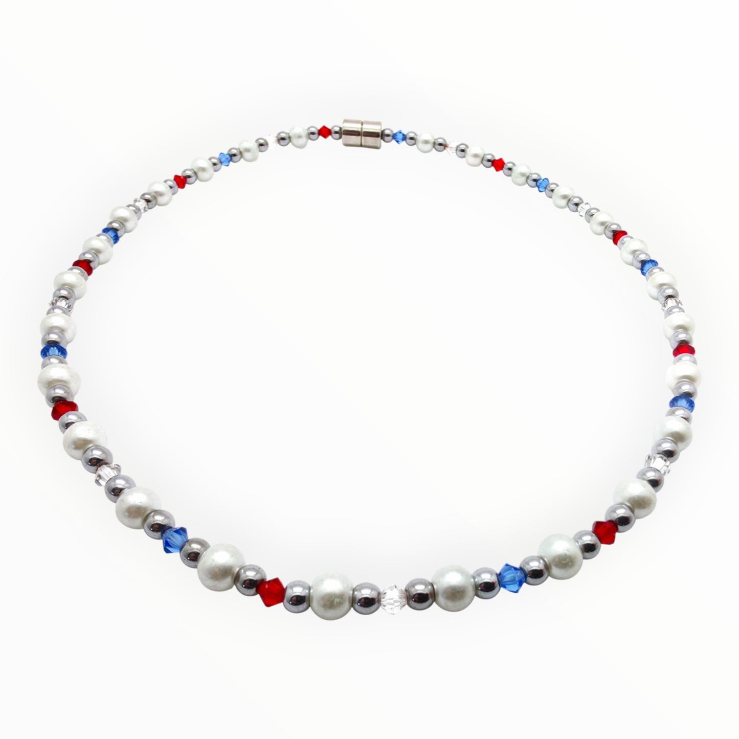White Pearl w Patriotic Crystals Necklace