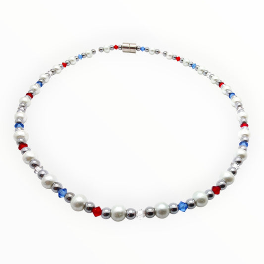 White Pearl w Patriotic Crystals Necklace
