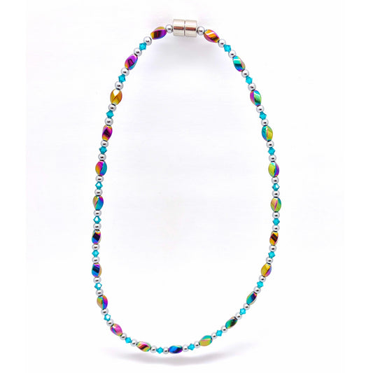 Rainbow Hematite Twist w Blue Zircon Necklace