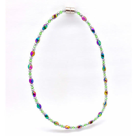 Rainbow Hematite Twist w Peridot Necklace