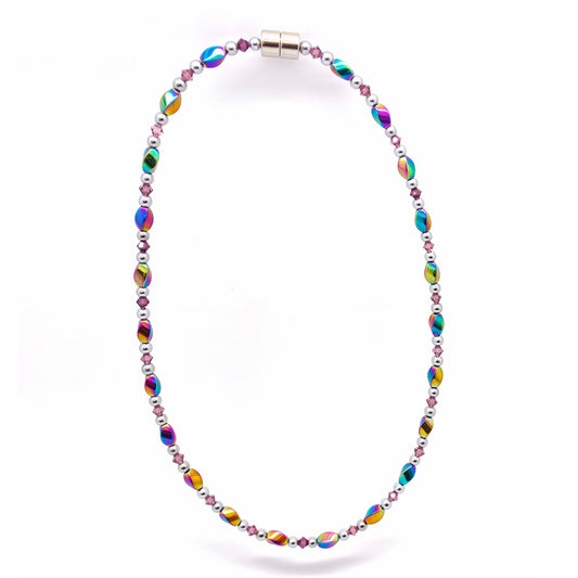 Rainbow Hematite Twist w Amethyst Necklace