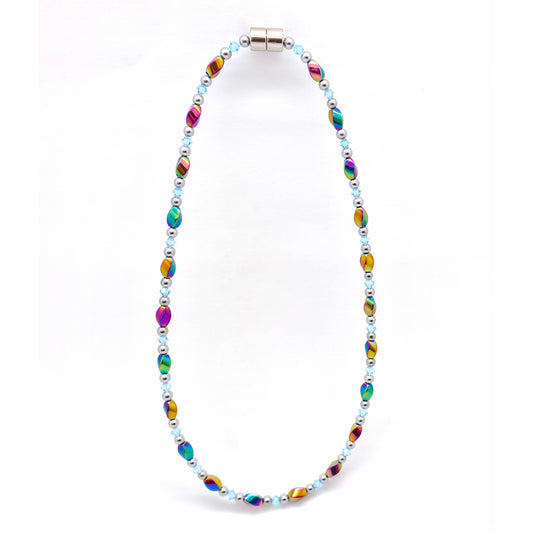 Rainbow Hematite Twist w Aquamarine Necklace