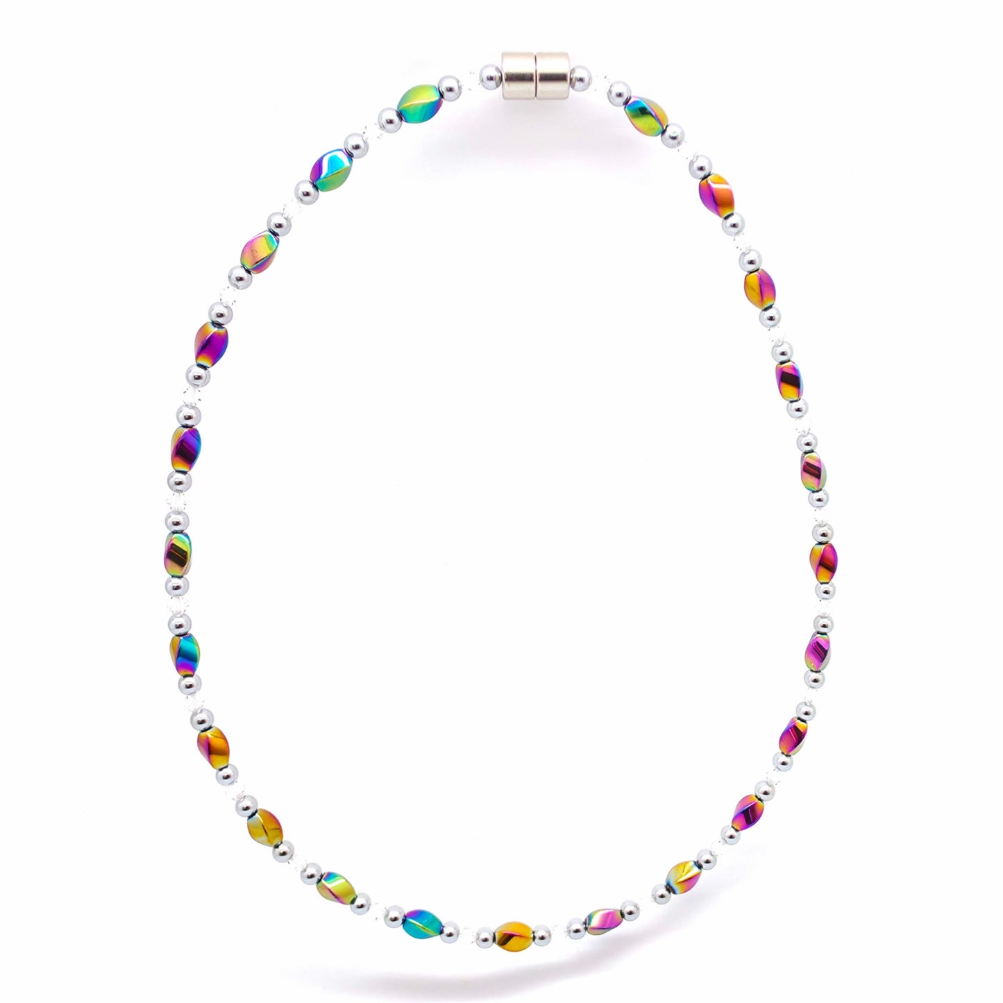Rainbow Hematite Twist w Clear Crystal Necklace