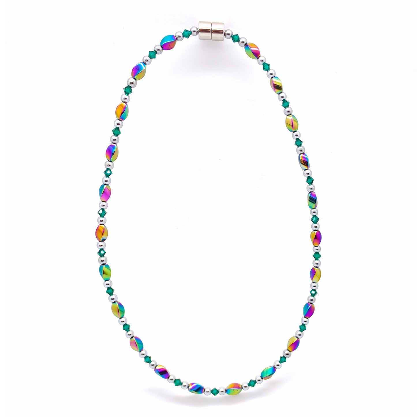 Rainbow Hematite Twist w Emerald Necklace