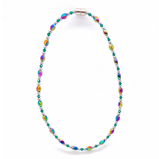 Rainbow Hematite Twist w Emerald Necklace