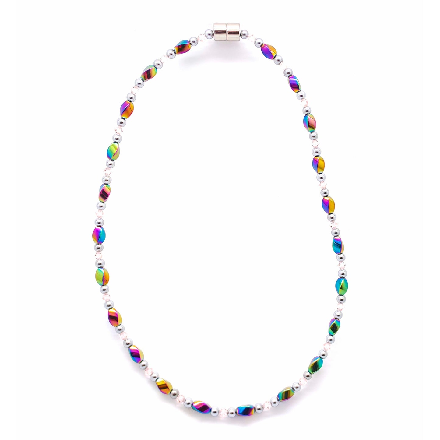 Rainbow Hematite Twist w Light Rose Necklace