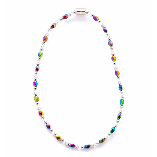 Rainbow Hematite Twist w Light Rose Necklace