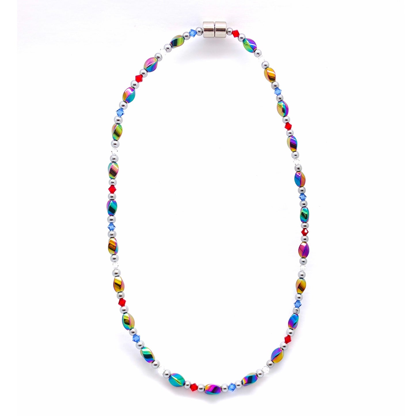 Rainbow Hematite Twist w Patriotic Crystals Necklace