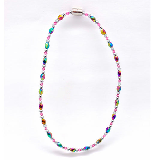 Rainbow Hematite Twist w Rose Necklace
