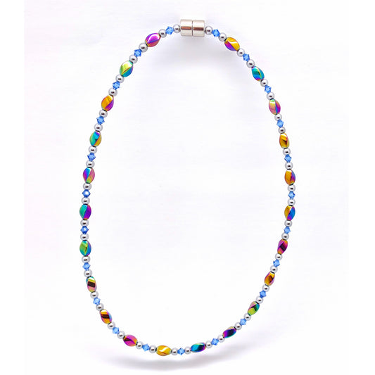 Rainbow Hematite Twist w Sapphire Necklace