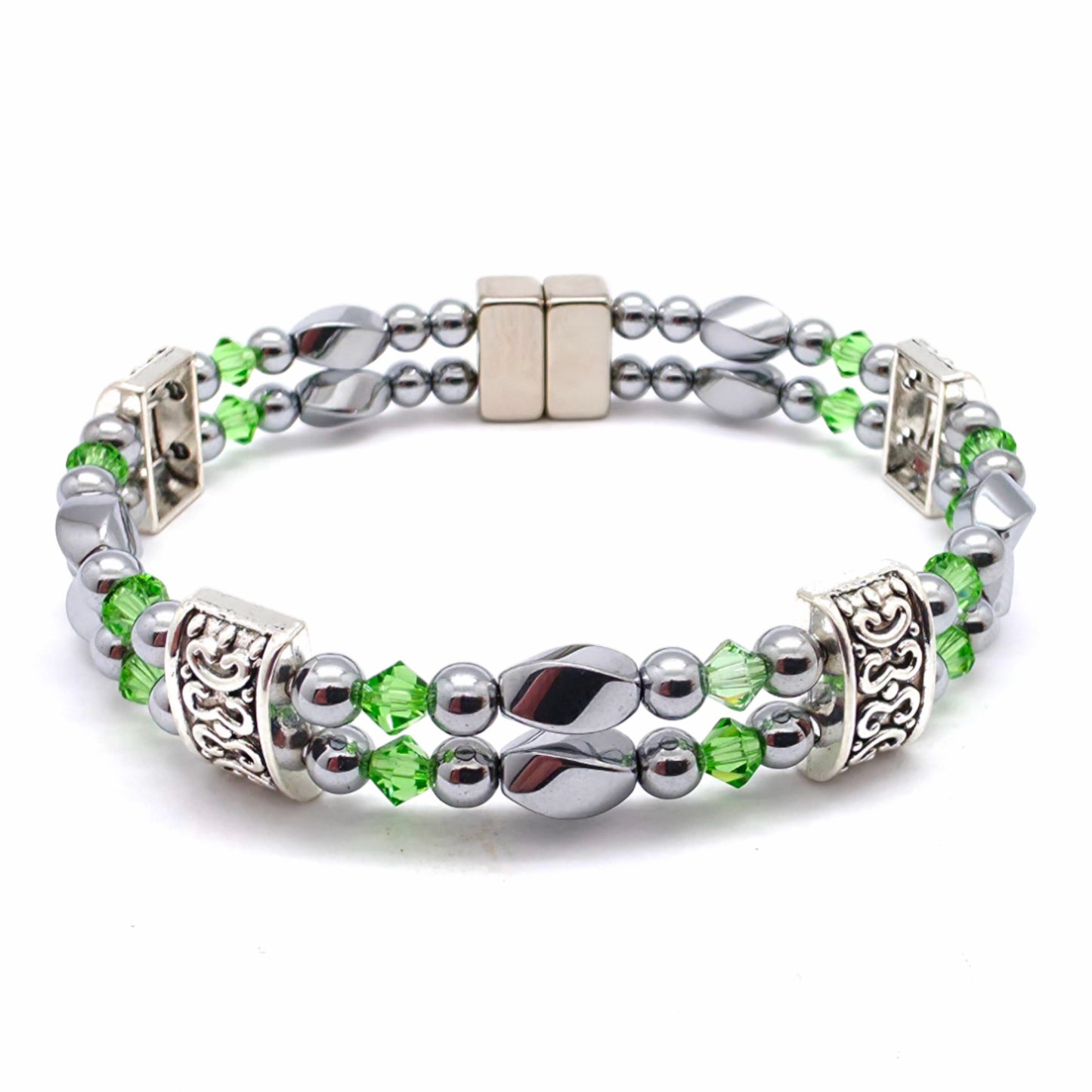 Silver Hematite Twist Double w Peridot