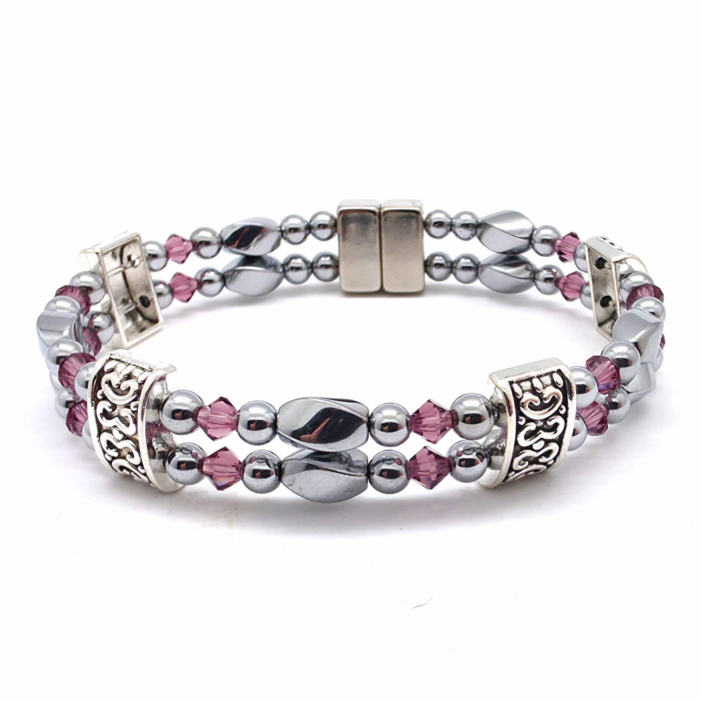 Silver Hematite Twist Double w Amethyst