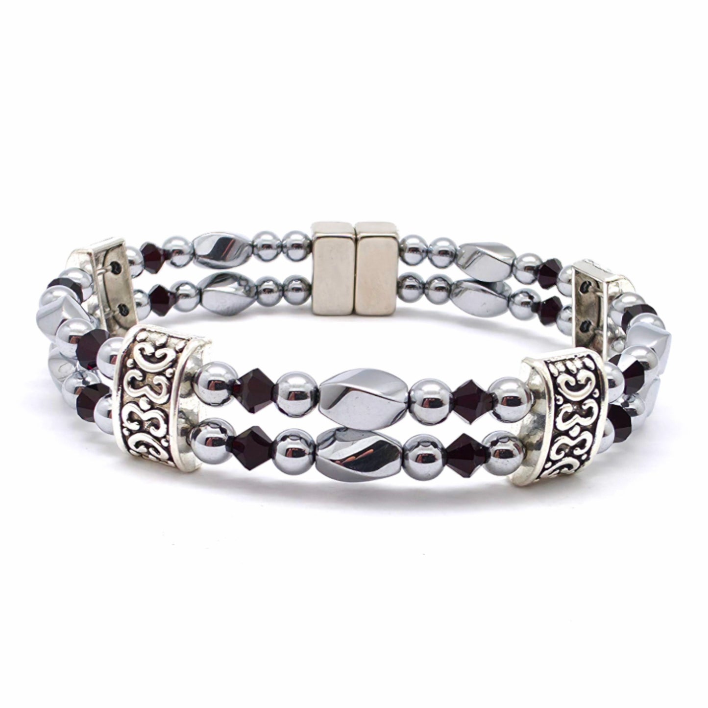 Silver Hematite Twist Double w Garnet