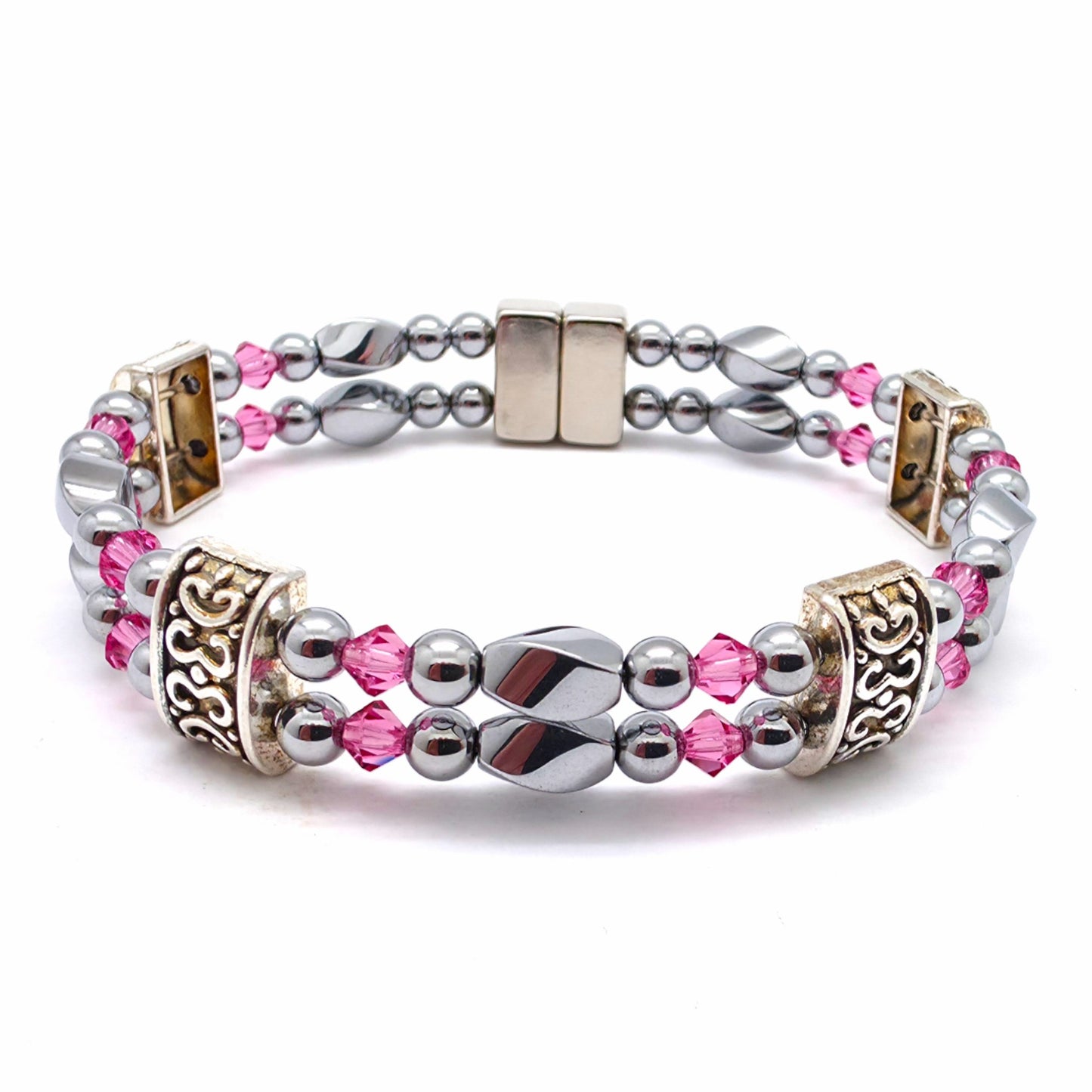 Silver Hematite Twist Double w Rose