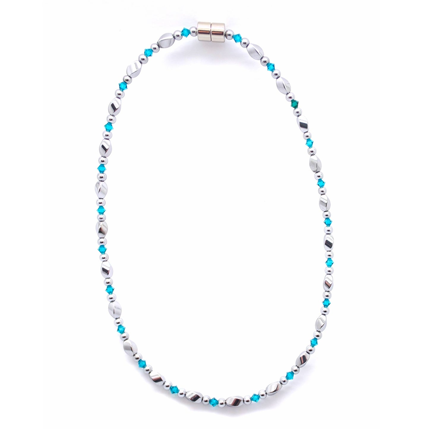 Silver Hematite Twist w Blue Zircon Necklace