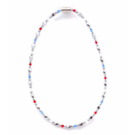 Silver Hematite Twist w Patriotic Crystals Necklace