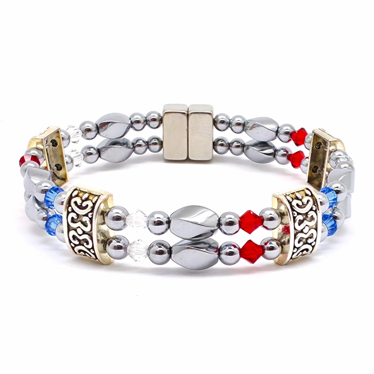 Silver Hematite Twist Double w Patriotic Crystals