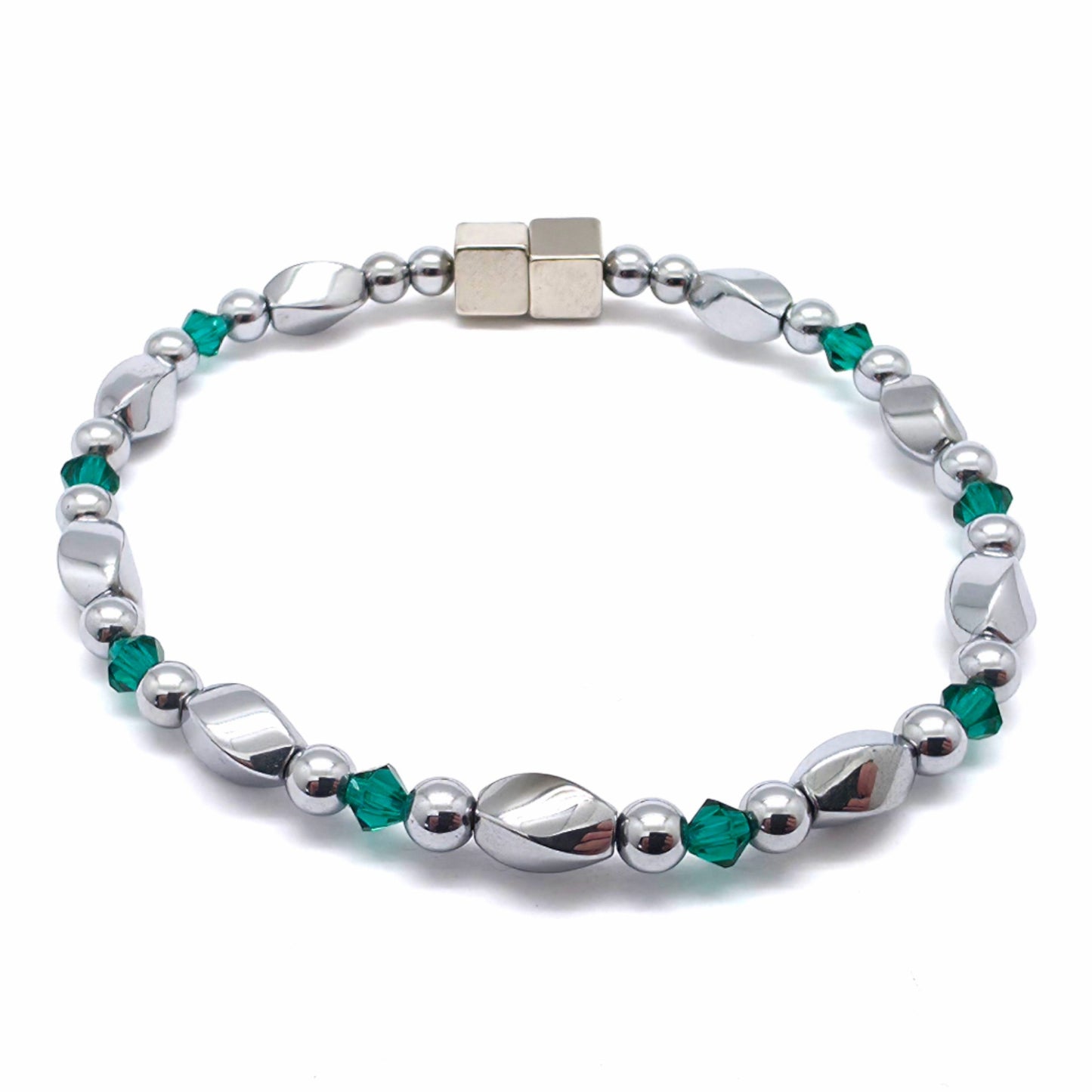 Silver Hematite Twist w Emerald